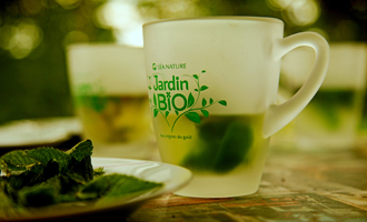tasse Jardin BiO étic avec infusion thé vert menthe poivrée