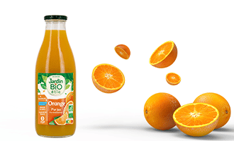 bouteille Jardin BiO étic pur jus orange dans champs orange